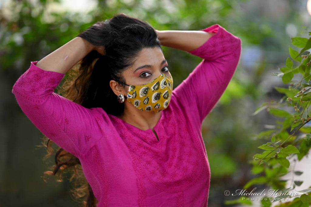 Kalamkari Mustard color cotton face mask